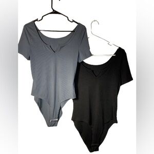 Yozy Ribbed BodySuit Plunge V-Neck Large 8/10 Grey & Black set 2pieces